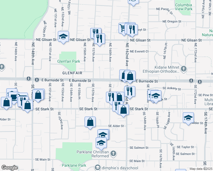 map of restaurants, bars, coffee shops, grocery stores, and more near 15994a East Burnside Street in Portland
