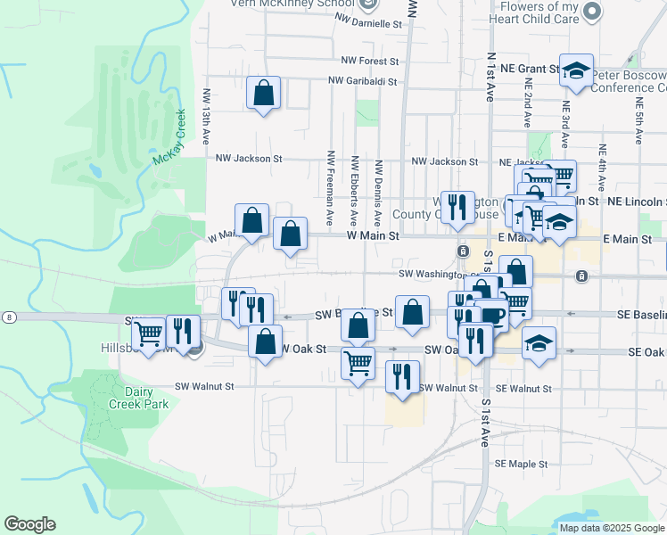 map of restaurants, bars, coffee shops, grocery stores, and more near 620 West Main Street in Hillsboro