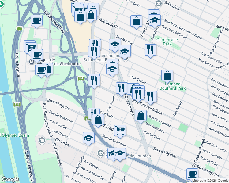 map of restaurants, bars, coffee shops, grocery stores, and more near 519 Rue Sainte-Hélène in Longueuil
