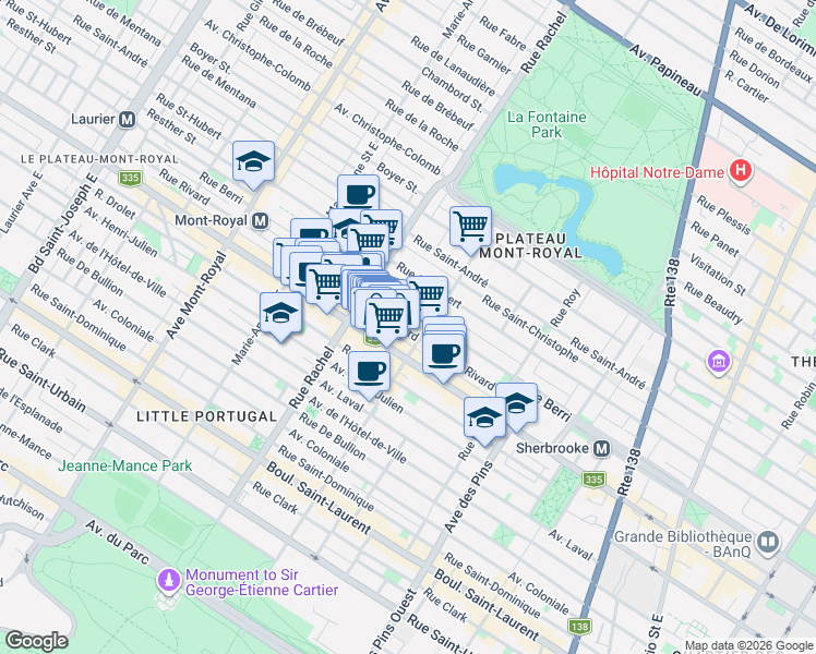 map of restaurants, bars, coffee shops, grocery stores, and more near 4089 Rue Rivard in Montréal