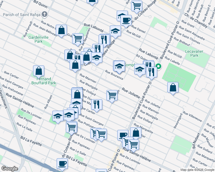 map of restaurants, bars, coffee shops, grocery stores, and more near 1675 Rue Marmier in Longueuil