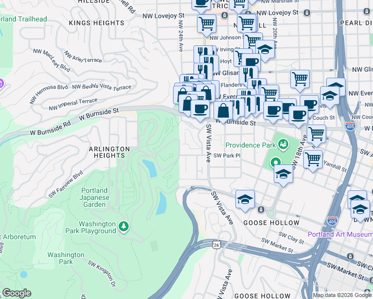 map of restaurants, bars, coffee shops, grocery stores, and more near 2393 Southwest Park Place in Portland