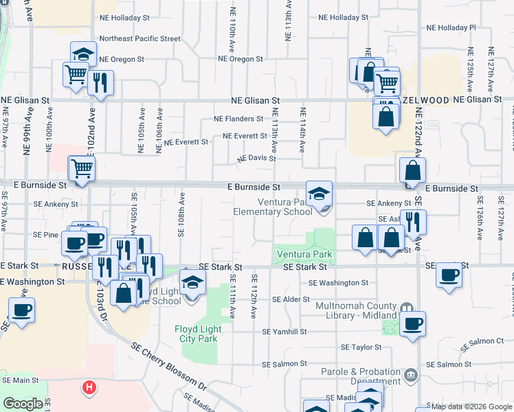 map of restaurants, bars, coffee shops, grocery stores, and more near 11282 Southeast Pine Court in Portland