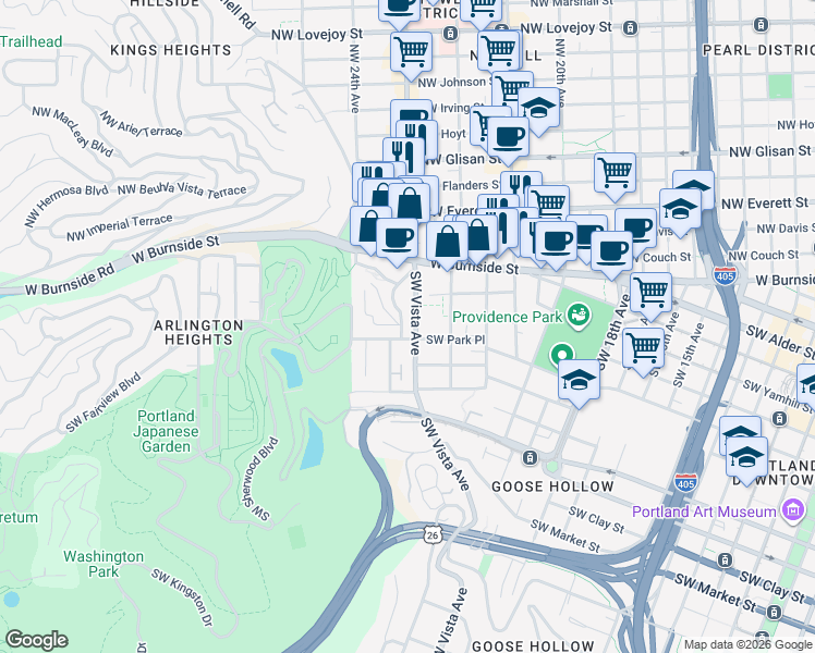 map of restaurants, bars, coffee shops, grocery stores, and more near 831 Southwest Vista Avenue in Portland