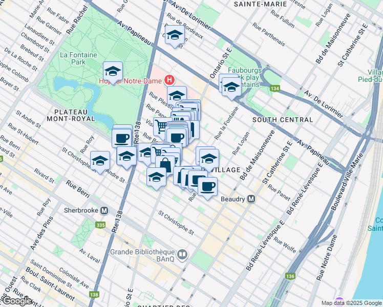 map of restaurants, bars, coffee shops, grocery stores, and more near 1890 Rue de la Visitation in Montréal