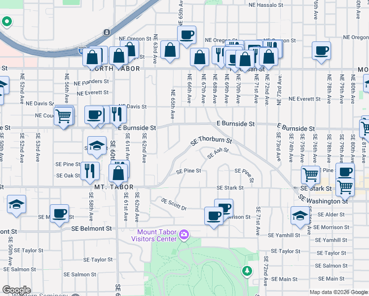 map of restaurants, bars, coffee shops, grocery stores, and more near 6556 Southeast Ash Street in Portland
