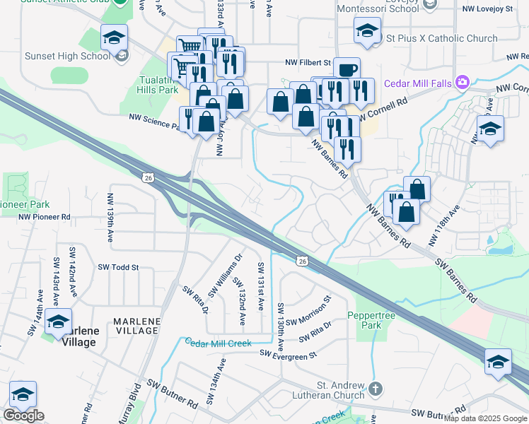map of restaurants, bars, coffee shops, grocery stores, and more near 13025 Northwest Glenridge Drive in Portland