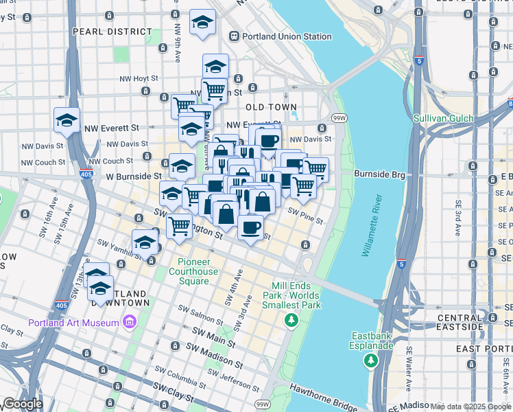 map of restaurants, bars, coffee shops, grocery stores, and more near 421 Southwest Oak Street in Portland