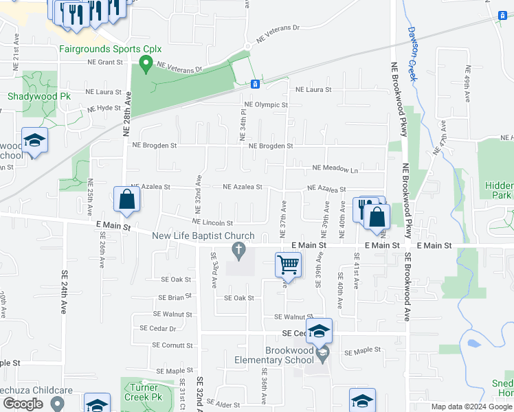 map of restaurants, bars, coffee shops, grocery stores, and more near 178 Northeast 35th Court in Hillsboro