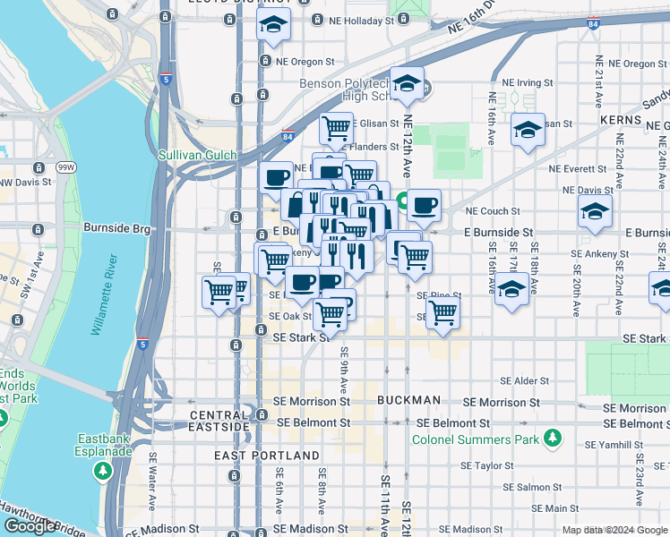 map of restaurants, bars, coffee shops, grocery stores, and more near 914 Southeast Ankeny Street in Portland