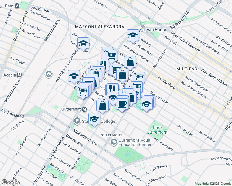 map of restaurants, bars, coffee shops, grocery stores, and more near 705 Avenue Bloomfield in Montréal