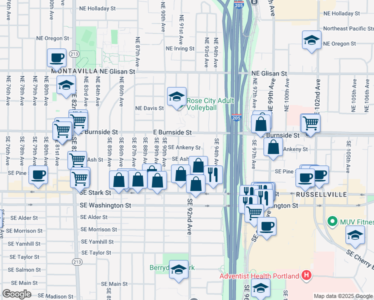 map of restaurants, bars, coffee shops, grocery stores, and more near 9134 Southeast Ankeny Street in Portland