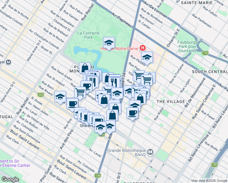 map of restaurants, bars, coffee shops, grocery stores, and more near 1010 Rue Cherrier in Montreal