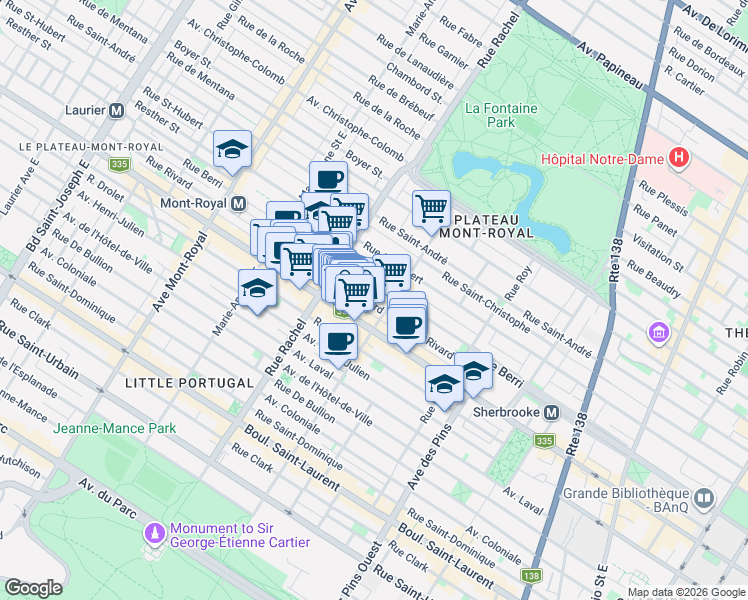 map of restaurants, bars, coffee shops, grocery stores, and more near 4089 Rue Rivard in Montréal