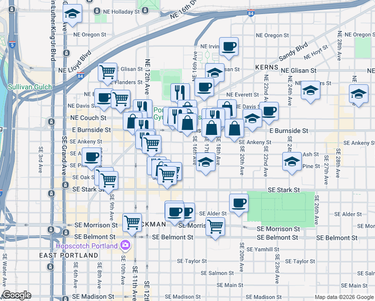 map of restaurants, bars, coffee shops, grocery stores, and more near 1513 Southeast Ash Street in Portland
