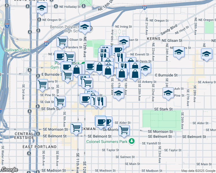map of restaurants, bars, coffee shops, grocery stores, and more near 1513 Southeast Ash Street in Portland
