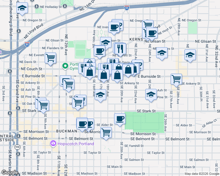 map of restaurants, bars, coffee shops, grocery stores, and more near 132 Southeast 18th Avenue in Portland