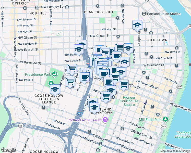 map of restaurants, bars, coffee shops, grocery stores, and more near 523 Southwest 13th Avenue in Portland