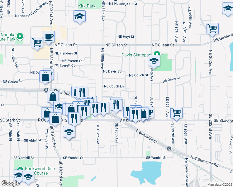 map of restaurants, bars, coffee shops, grocery stores, and more near 19012 Northeast Couch Lane in Portland