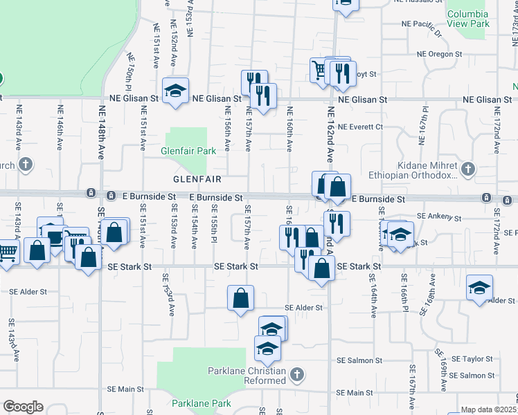 map of restaurants, bars, coffee shops, grocery stores, and more near 15900 East Burnside Street in Portland