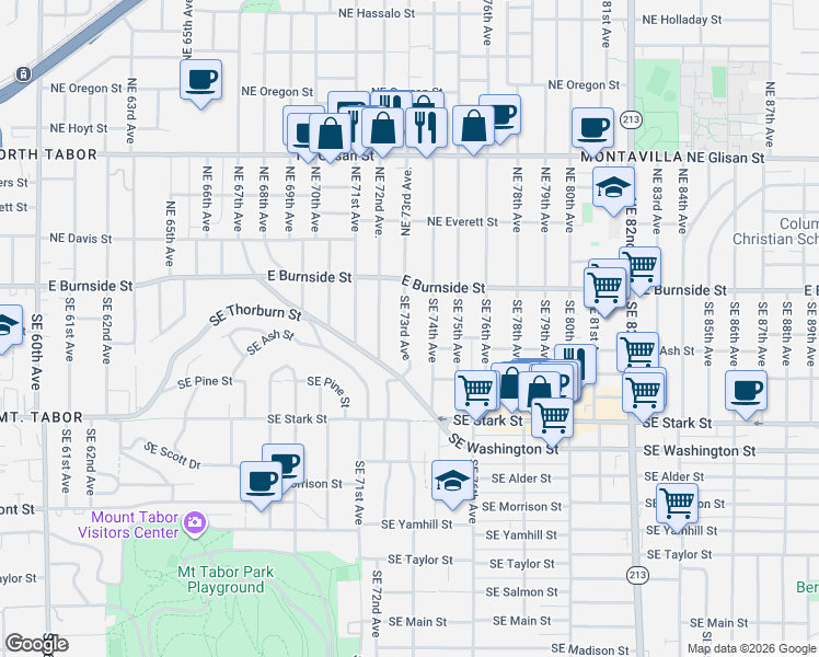 map of restaurants, bars, coffee shops, grocery stores, and more near 122 Southeast 73rd Avenue in Portland