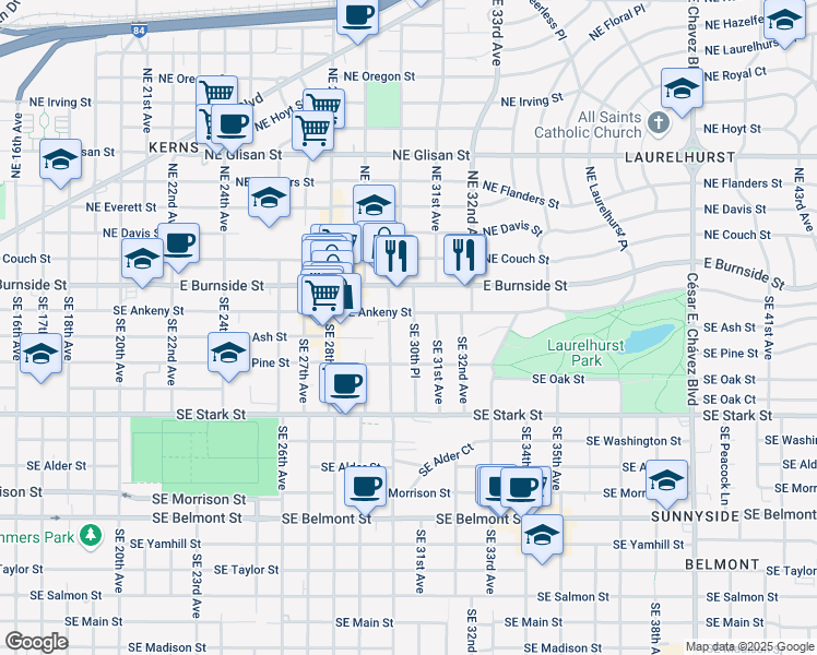 map of restaurants, bars, coffee shops, grocery stores, and more near 107 Southeast 30th Place in Portland