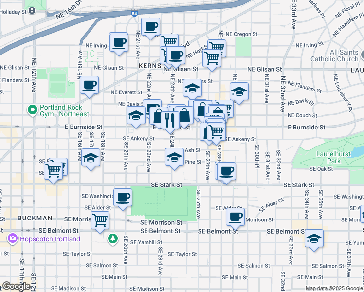 map of restaurants, bars, coffee shops, grocery stores, and more near 2514 Southeast Ankeny Street in Portland