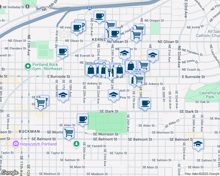 map of restaurants, bars, coffee shops, grocery stores, and more near 2342-2348 Southeast Ankeny Street in Portland