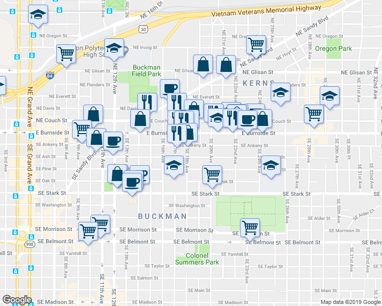 map of restaurants, bars, coffee shops, grocery stores, and more near 1808 Southeast Ankeny Street in Portland
