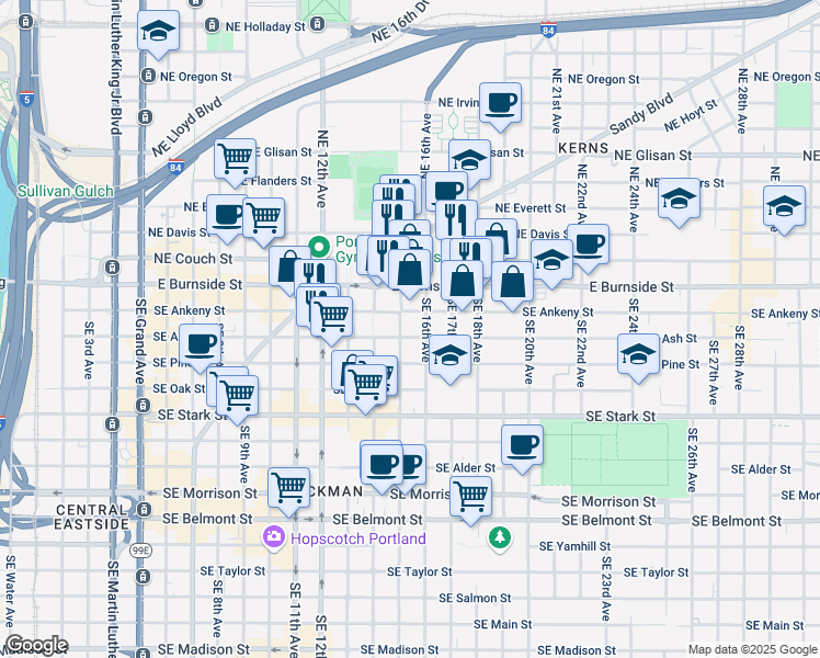 map of restaurants, bars, coffee shops, grocery stores, and more near 110 Southeast 15th Avenue in Portland
