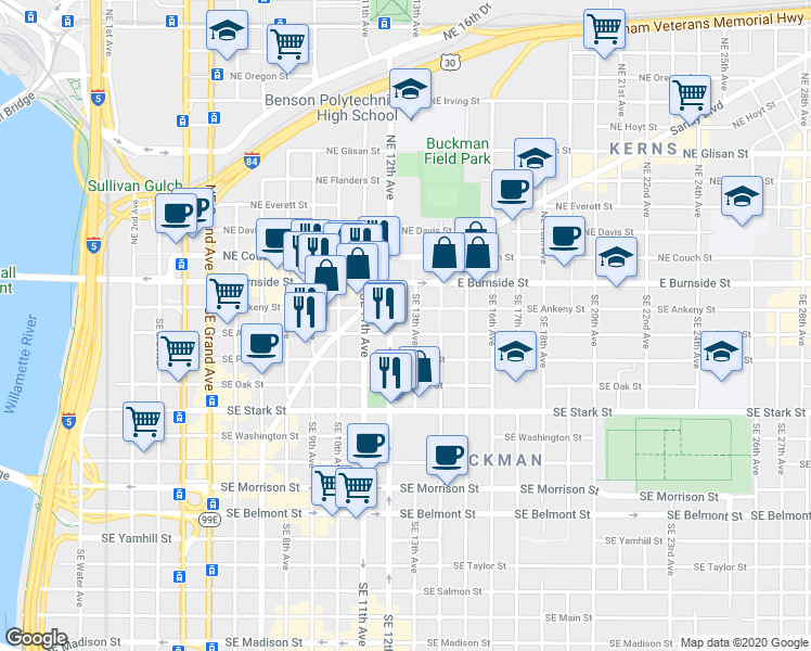 map of restaurants, bars, coffee shops, grocery stores, and more near 1206 Southeast Ankeny Street in Portland