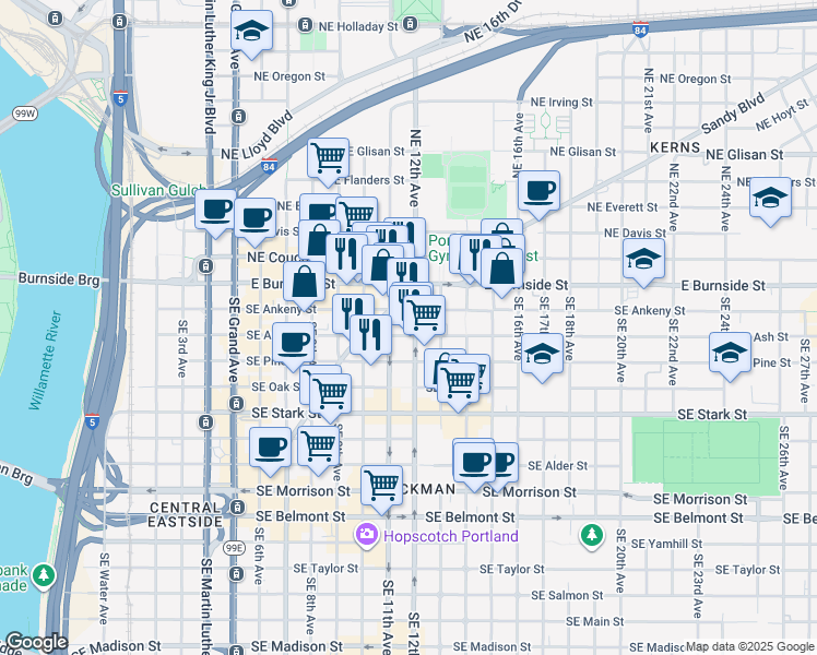 map of restaurants, bars, coffee shops, grocery stores, and more near in Portland
