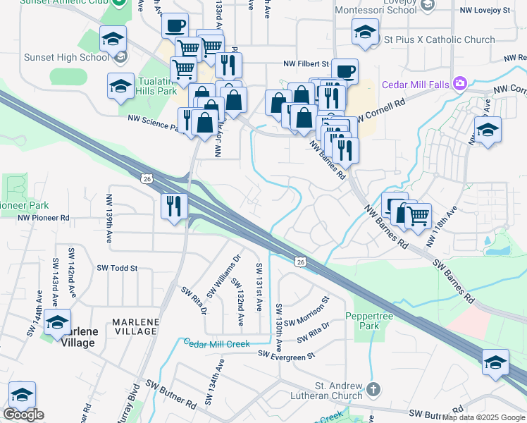 map of restaurants, bars, coffee shops, grocery stores, and more near 13025 Northwest Glenridge Drive in Portland