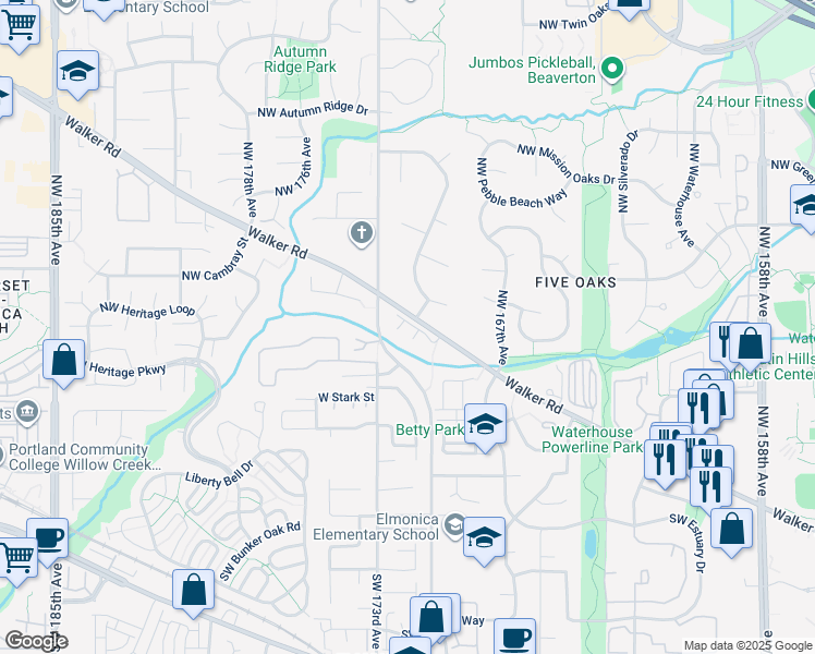 map of restaurants, bars, coffee shops, grocery stores, and more near 16990 Northwest Park Court in Beaverton