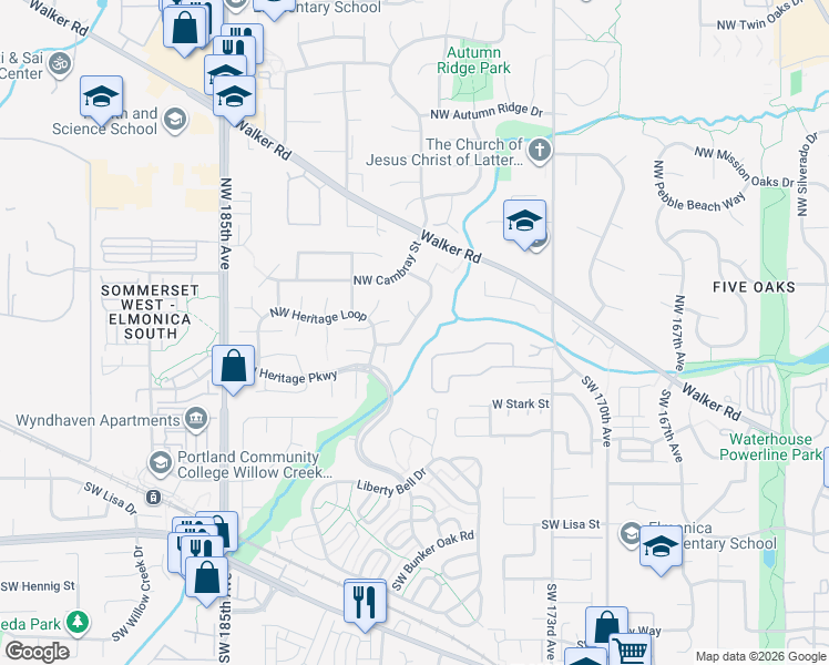 map of restaurants, bars, coffee shops, grocery stores, and more near 17811 Northwest Pioneer Road in Beaverton
