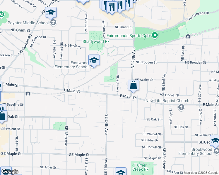 map of restaurants, bars, coffee shops, grocery stores, and more near 166 Northeast 24th Avenue in Hillsboro