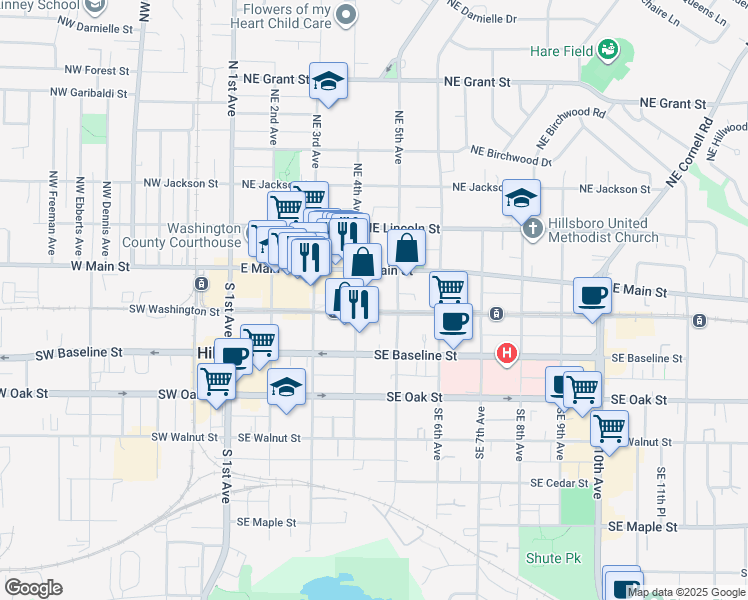 map of restaurants, bars, coffee shops, grocery stores, and more near 431 Southeast Washington Street in Hillsboro
