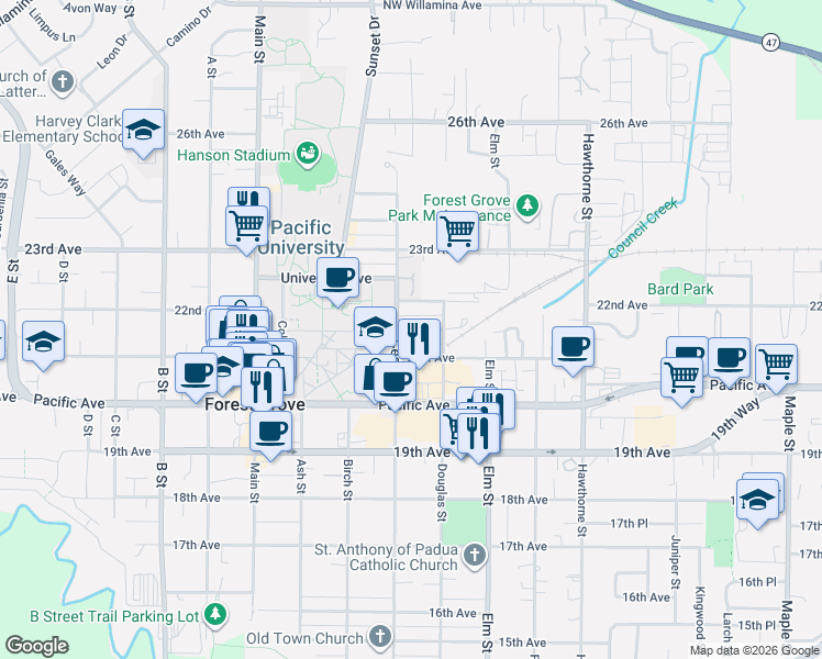 map of restaurants, bars, coffee shops, grocery stores, and more near 2172 Cedar Street in Forest Grove
