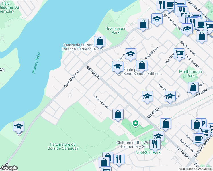 map of restaurants, bars, coffee shops, grocery stores, and more near 3610 Boulevard Toupin in Montréal