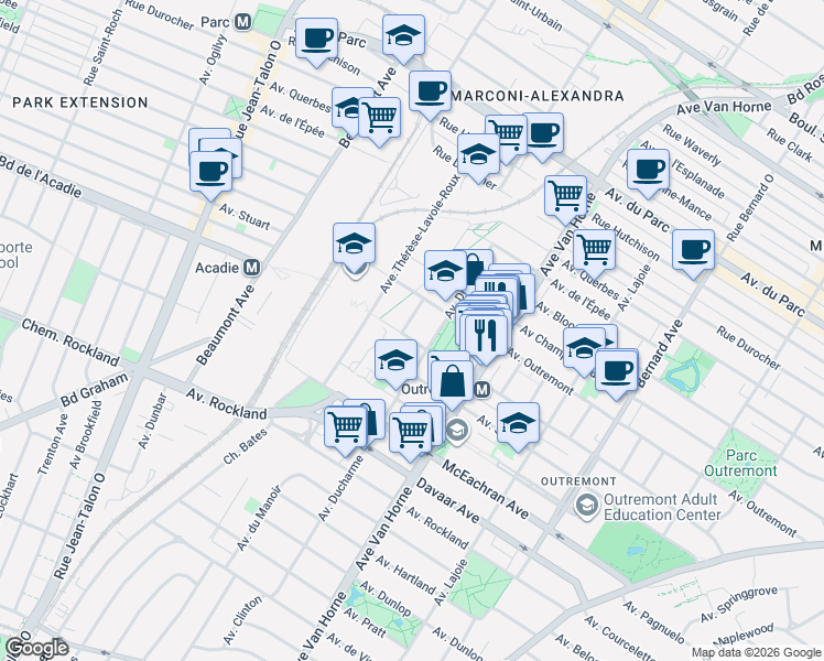 map of restaurants, bars, coffee shops, grocery stores, and more near 50 Avenue Manseau in Montréal