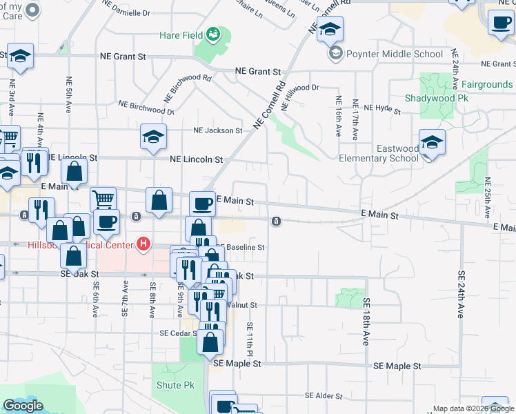 map of restaurants, bars, coffee shops, grocery stores, and more near 1123 East Main Street in Hillsboro