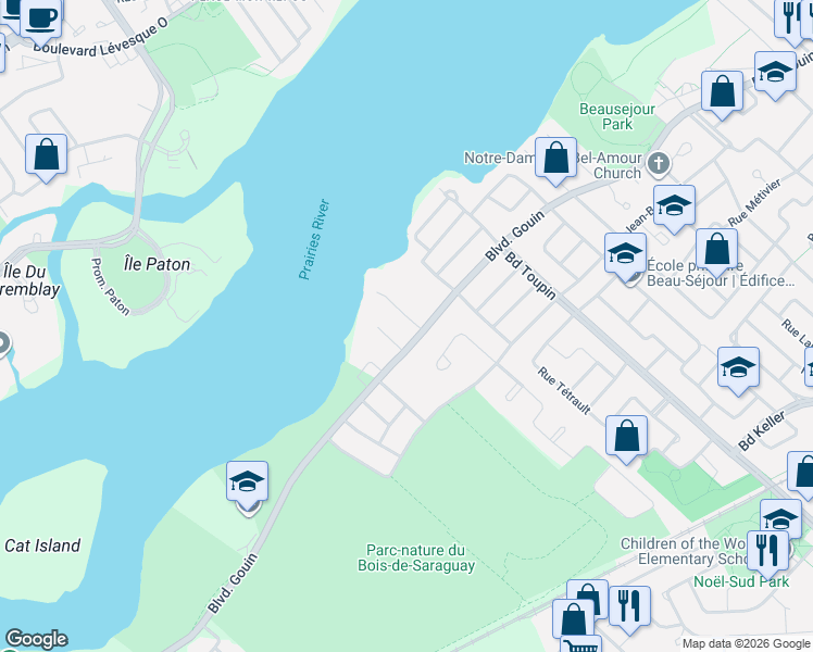 map of restaurants, bars, coffee shops, grocery stores, and more near 12410 Avenue Joseph-Édouard-Samson in Montreal