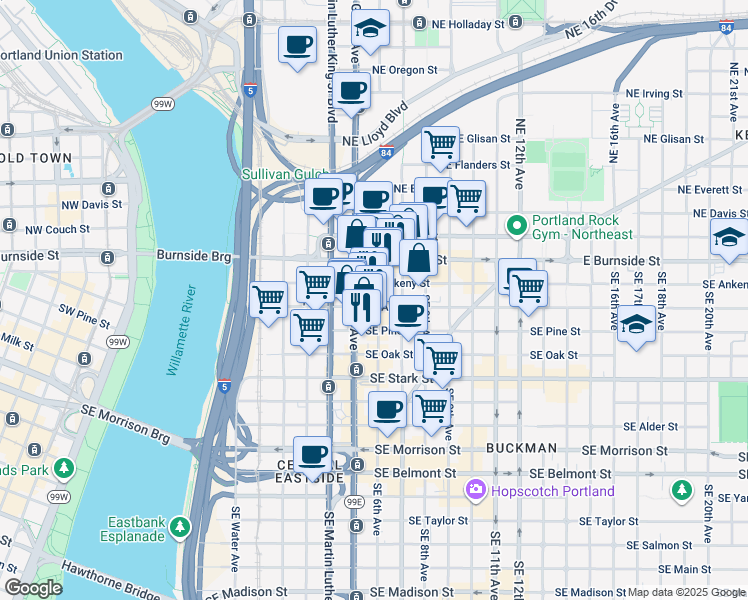 map of restaurants, bars, coffee shops, grocery stores, and more near 111 Southeast 6th Avenue in Portland