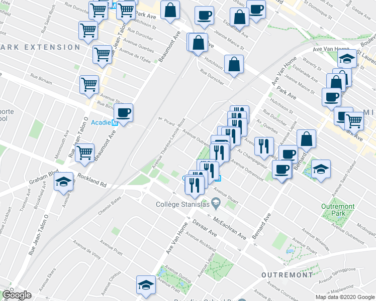 map of restaurants, bars, coffee shops, grocery stores, and more near 50 Avenue Manseau in Montréal