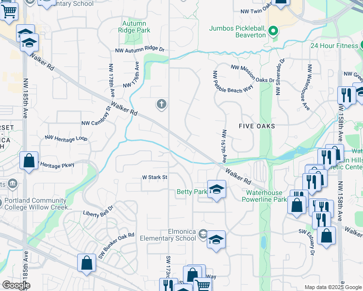 map of restaurants, bars, coffee shops, grocery stores, and more near 16990 Northwest Park Court in Beaverton