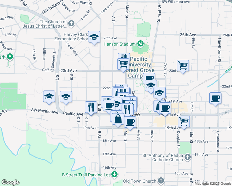 map of restaurants, bars, coffee shops, grocery stores, and more near 2125 A Street in Forest Grove