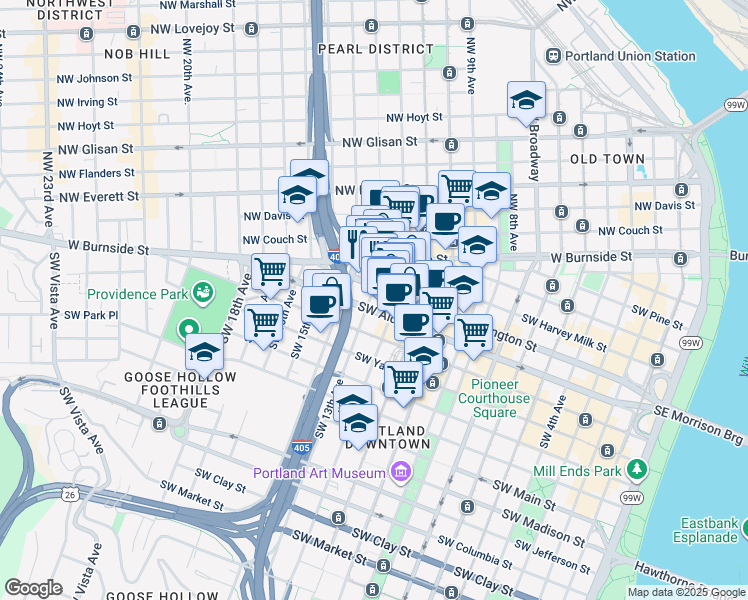 map of restaurants, bars, coffee shops, grocery stores, and more near 522 Southwest 13th Avenue in Portland