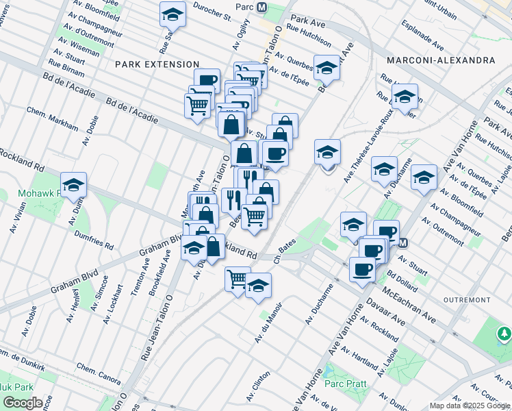 map of restaurants, bars, coffee shops, grocery stores, and more near in Montreal