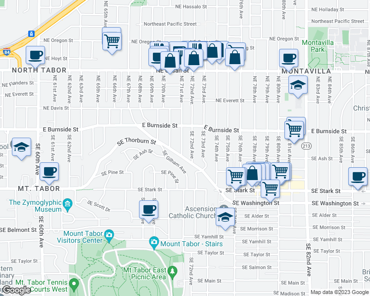 map of restaurants, bars, coffee shops, grocery stores, and more near 75 Southeast 72nd Avenue in Portland