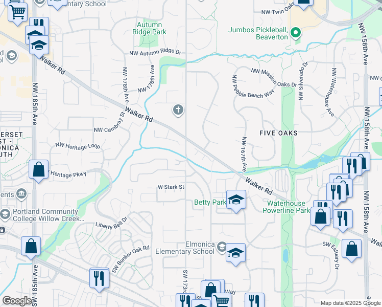map of restaurants, bars, coffee shops, grocery stores, and more near 17210 Northwest Gables Creek Lane in Beaverton